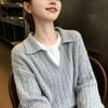 100% Pure Wool Color Block Lapel Korean Style Pullover Knitwear - Women's Autumn Winter Loose Cable Knit Sweater