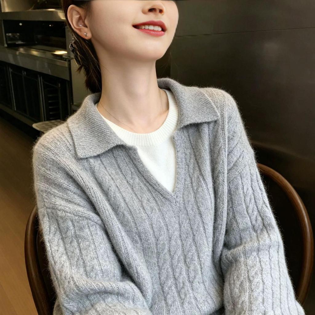 100% Pure Wool Color Block Lapel Korean Style Pullover Knitwear - Women's Autumn Winter Loose Cable Knit Sweater