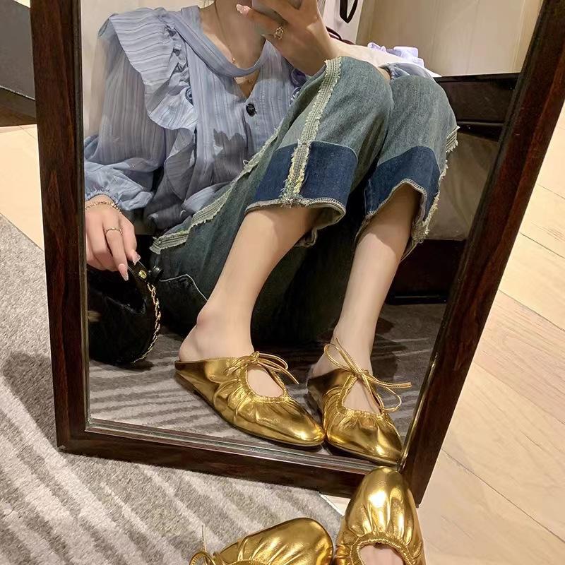 Fashion Retro Pleated Flat Baotou Slippers for Women Casual Spring Summer Shallow Soft Sole Solid Color Outdoor Lightweight Mules Slides