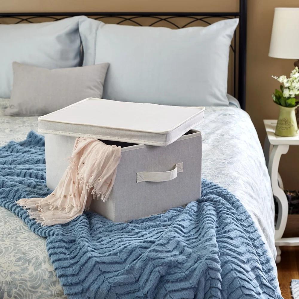Large Canvas Storage Box with Lid Stacking Organizer Seasonal Items Toys Clothes Home Dorm Folding Storage Solution