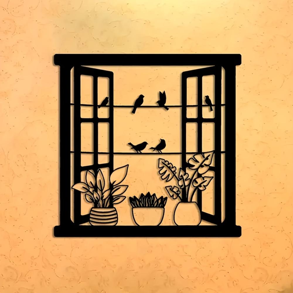 Wrought Iron Wall Art Bird Floral Window Design Metal Hanging Decor for Indoor Outdoor Garden Living Room Bedroom Gift