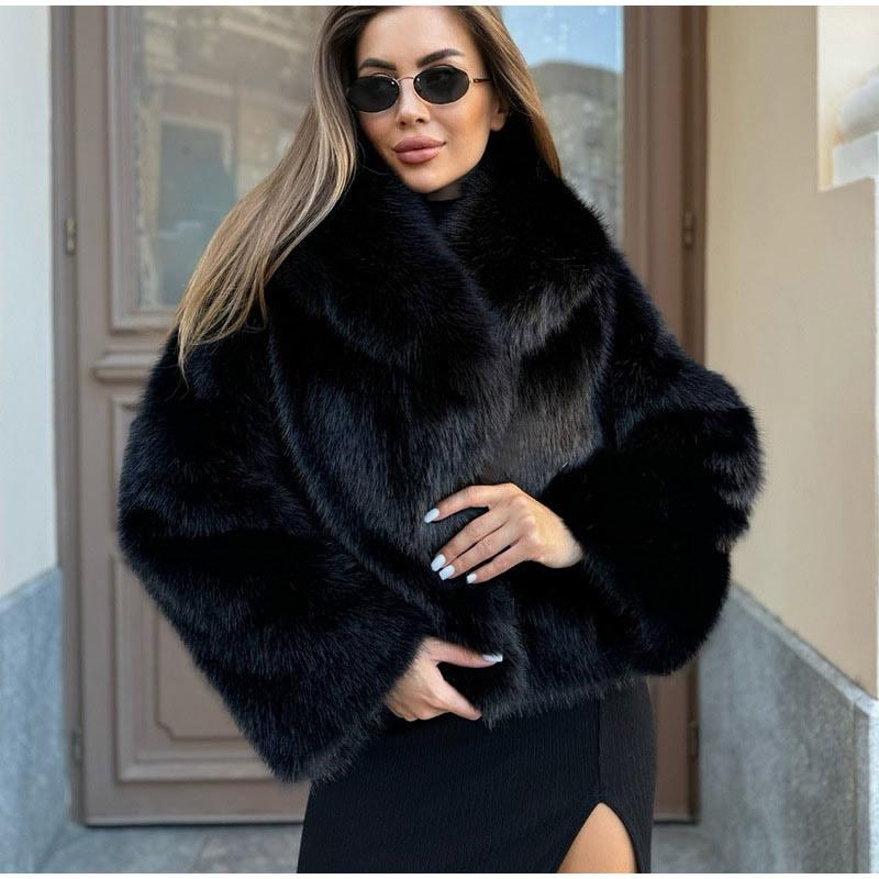 Dicker warmer Kunstpelzmantel für Damen mit Gürtel Umlegekragen Pelzparkas Neue Winter Kurze Lockere Flauschige Oberbekleidung