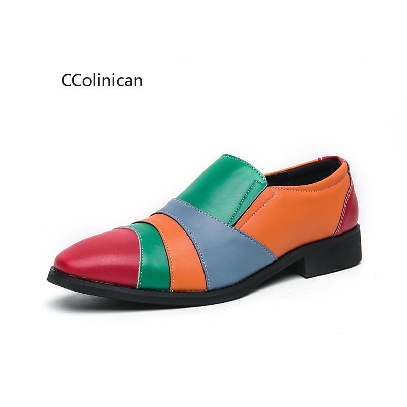 Hot Street Fashion Men Designer Pointed Patent Leather Shoes Mix Color Patchwork Loafers Wedding Male Office Dress Casual