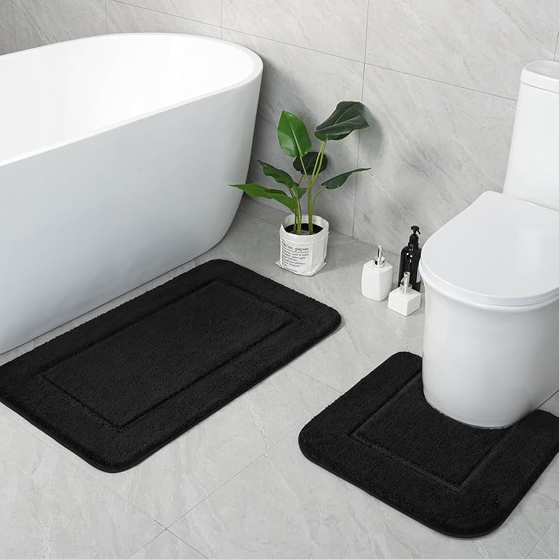 LOCHAS Bathroom Rug Set Black, Soft Bath Rug Set 2 Piece Set, Toilet Mat U-Shaped 20x20 and 34x20 Bathroom Rugs, Quickly