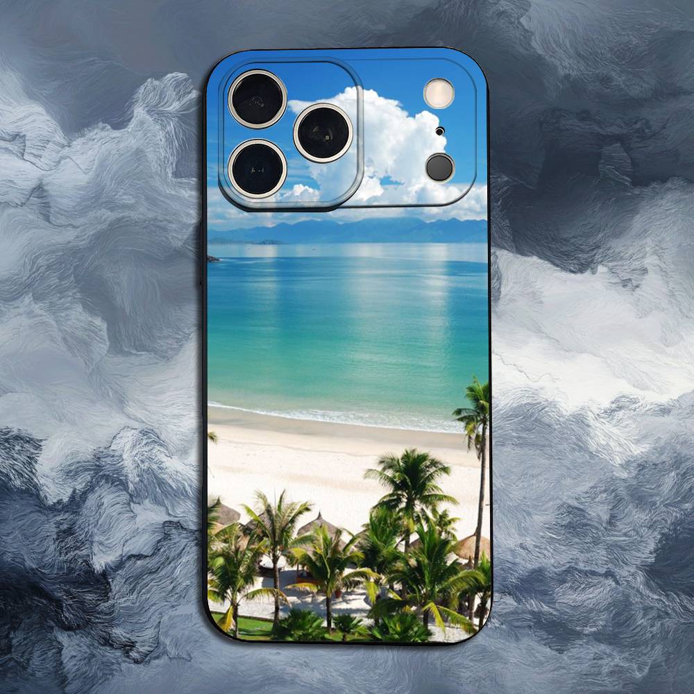 Sea Palm Trees Beach For iPhone 13,16,11,14,17,12,15,Plus,Pro Max,XS,X,XR,SE,Mini,8,7,Phone Case Soft Silicone Black