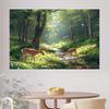 Serene Sunlit Forest Tapestry, Misty Woodland with Two Fawns by a Stream, Daisies and Ferns Under a Soft Glow, Calming Nature Wall Art
