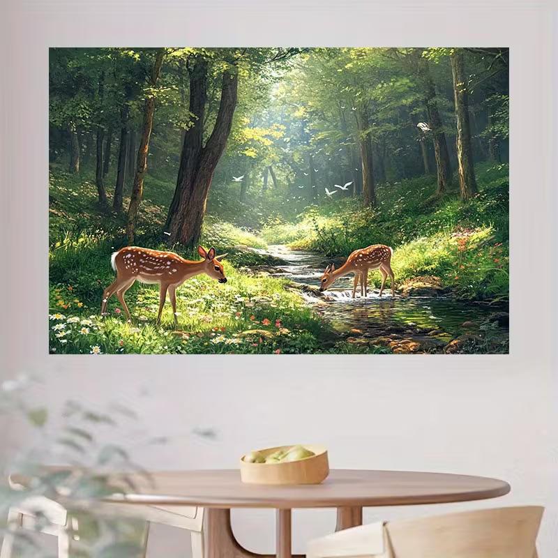 Serene Sunlit Forest Tapestry, Misty Woodland with Two Fawns by a Stream, Daisies and Ferns Under a Soft Glow, Calming Nature Wall Art