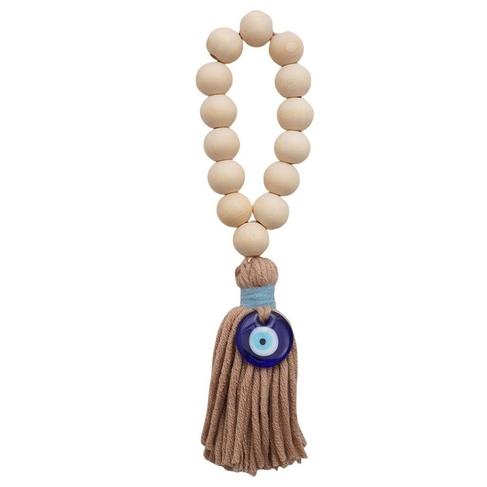 

Handmade Tassel Pendant 22cm Rearview Mirror Pendant Retro Wooden Bead Pendant коричневий