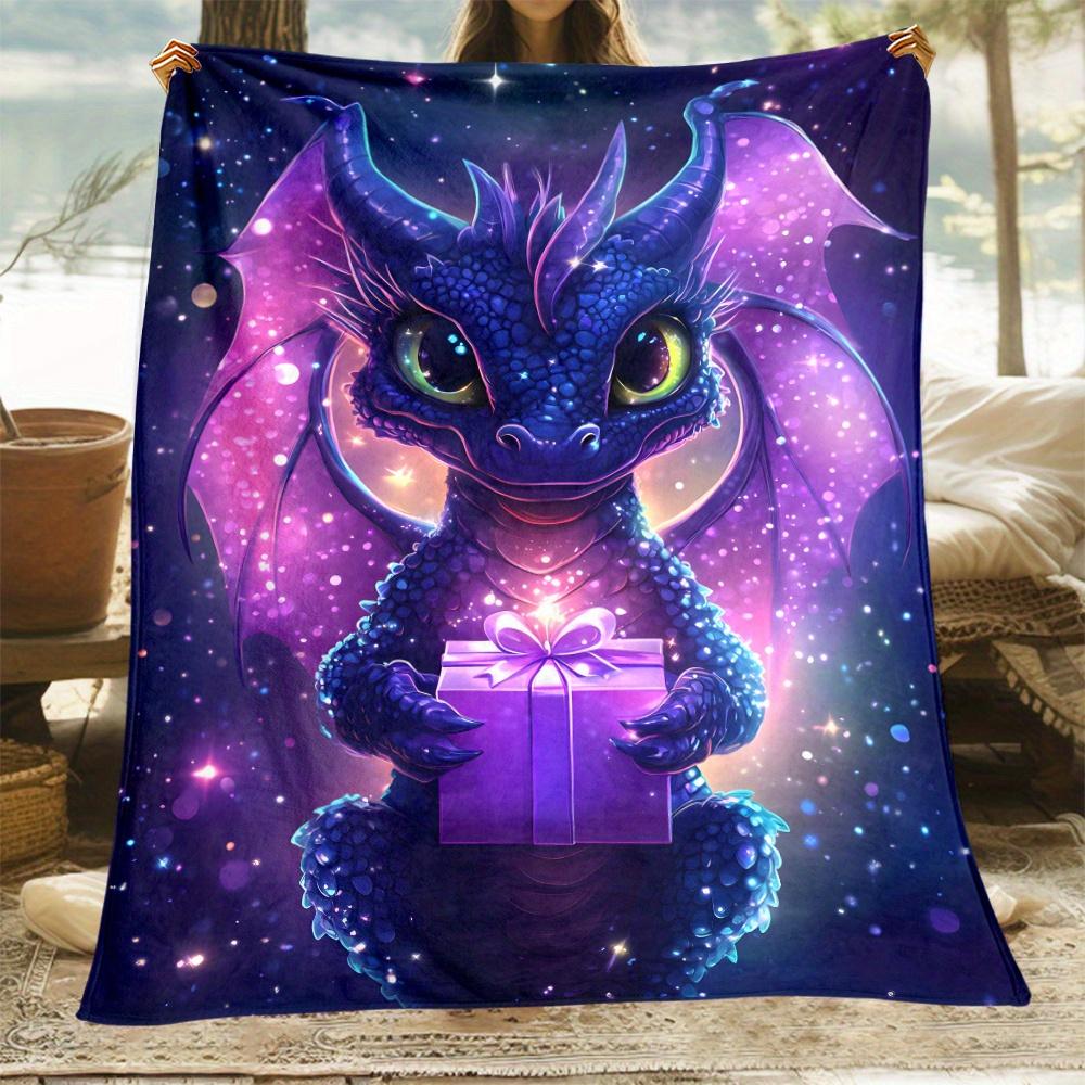 1pc Cute blue dragon holding gift box starry galaxy background soft flannel blanket throw blanket fantasy gift for kids 75x100cm (30x40inch)
