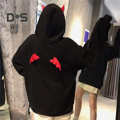 Girl Little Devil Horns Gothic Hooded Sweatshirt Long Sleeve Loose Fit Women Demon Fly Wings Hoodie Streetwear