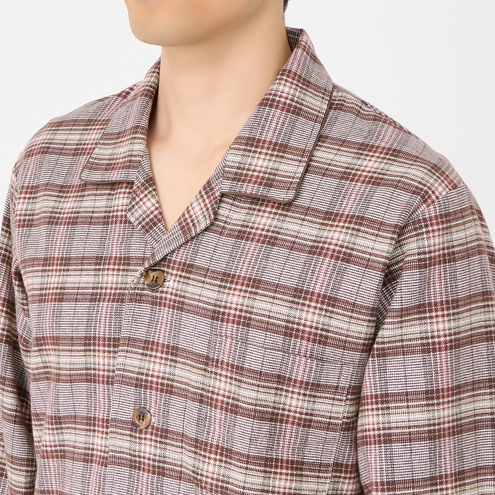 Gunze Brown Made In Long Sleeve and Pants Brushed SF4315 Men's Pajamas, 100% Cotton, Japan, (Front Opening), Flannel, Pre-Dyed Fabric,