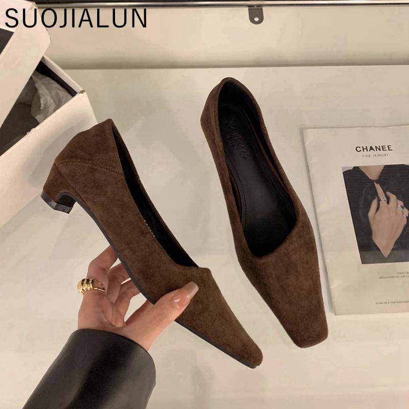 Fashion SUOJIALUN Spring New Brand Women Square Low Heel Pumps Shoes Fashion Shallow Slip On Ladies Boat Shoes Outdoor Dress Single Shoe
