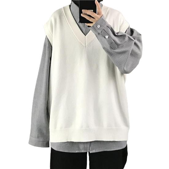 Men Sweater V Neck Solid Color Sleeveless All Match Spring Sweater for School