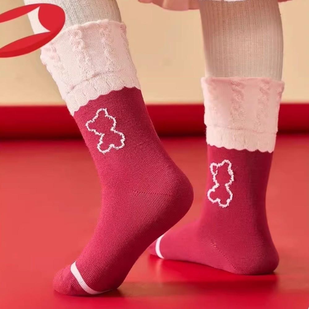 Red Color Mid Calf Socks Soft Cotton Cartoon Pattern Socks Cozy Holiday Socks  For Girls
