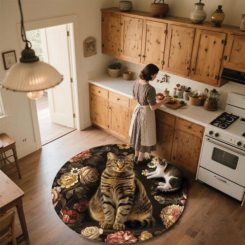 Cats & Vintage Flowers pattern round rug,Carpet Rug for Living Room Bedroom Playroom ,Non-slip Floor Mat,Holiday Gifts and Birthday Gifts.