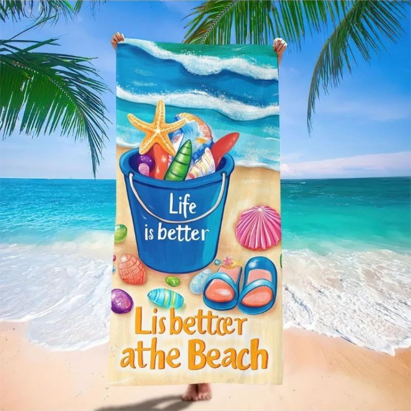 

1pc Microfiber Beach Towel Quick-Dry, Lightweight & Absorbent,Vibrant Beach-Themed Design with Starfish, Flip-Flops & Seashells W40*H60(CM)