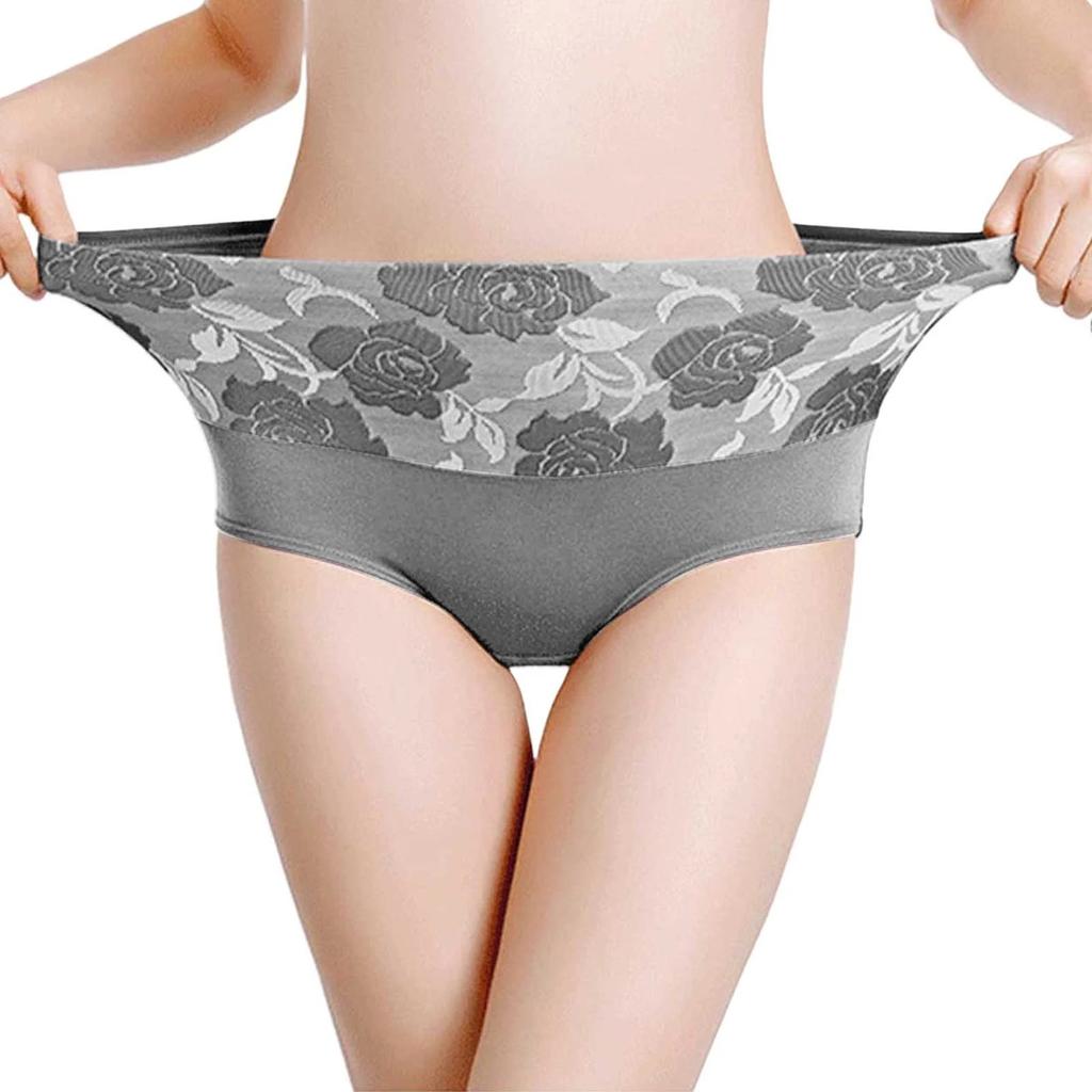 5 Pack Gray Women's High Waist Cotton Briefs Rose Jacquard Tummy Control Underwear