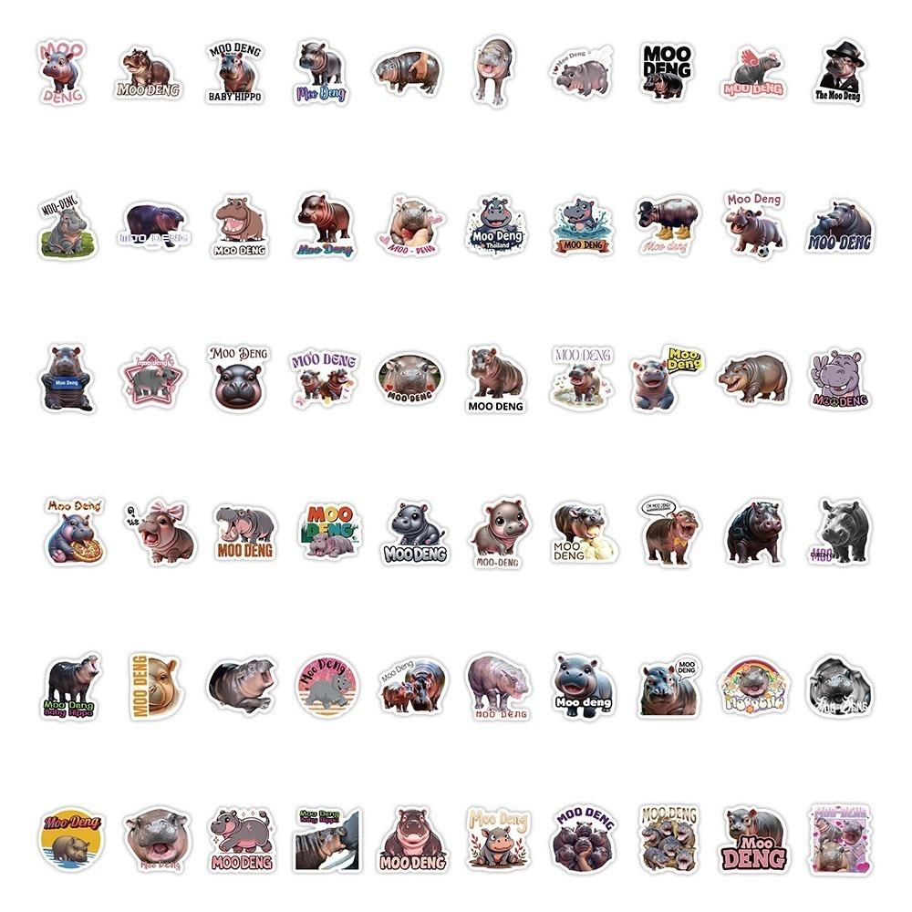 

60pcs Moo Deng Stickers Cartoon Luggage Laptop Guitar Scrapbook Decor Animal Sticker Waterproof Baby Hippo Hippopotamus Stickers