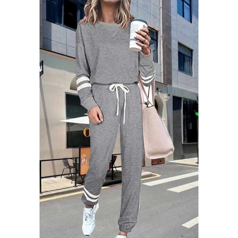 Damen Gestreifte Bündchen Langarm Kordelzug Locker Freizeit Trainingsanzug 2-teiliges Hosen-Set Loungewear Outfits