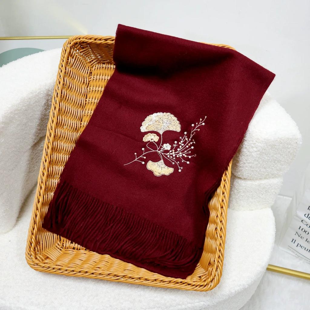 New Year's Embroidered Wool Scarf for Autumn and Winter Thickened Warm Scarf With Tassel
