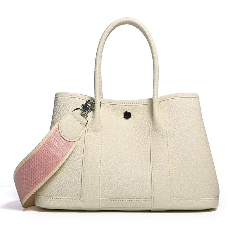2025 Cowhide Lychee Pattern Garden Bag: Women's Color Block Wide Shoulder Strap Handbag