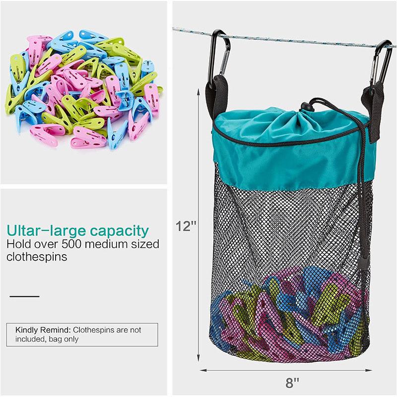 Hanging Mesh Clips Bag with Hook & Drawstring, Ventilated Storage Pouch for Clothes Pins, Laundry, Organize Clothespins