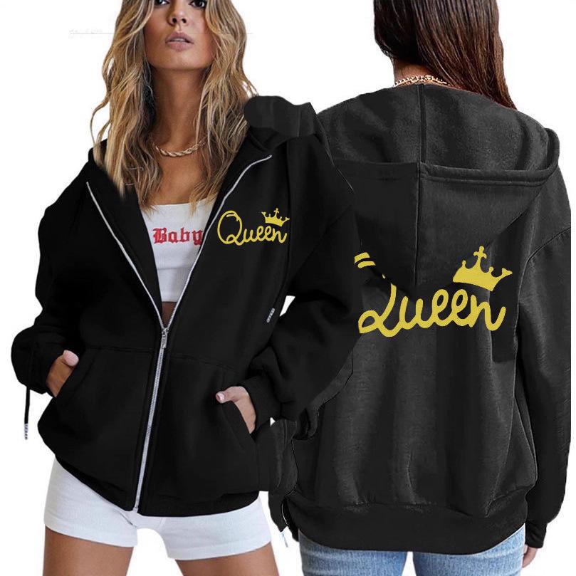 Felpa con Cappuccio e Tasca con Zip da Donna con Stampa Corona di Regina e Giacca Baseball.