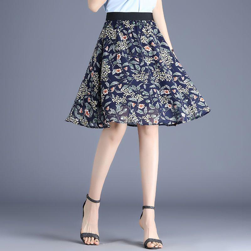 Šifonová midi sukně pro ženy na léto s vysokým pasem zeštíhlující a ležérní květinová sukně do A