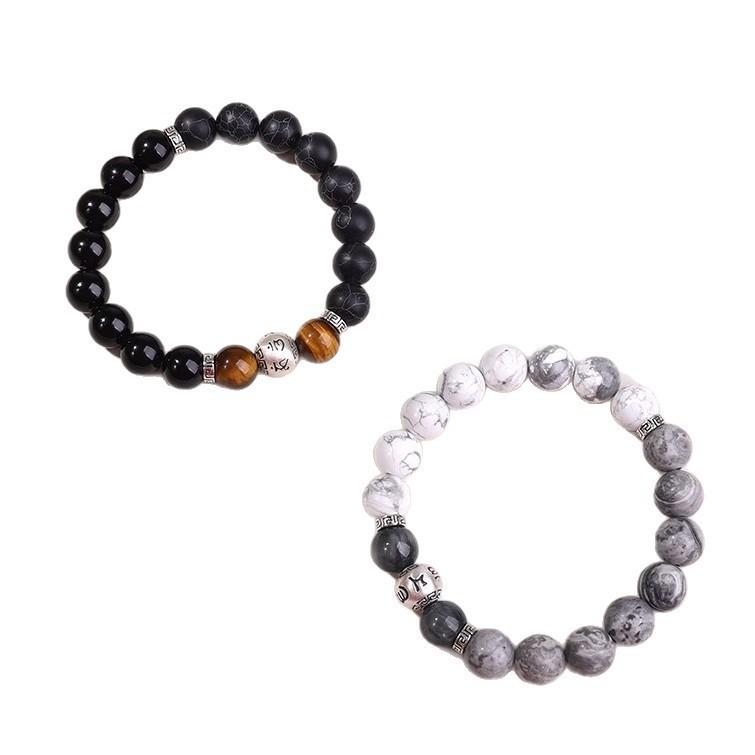 Natural Obsidian Map Stone Sterling Silver Bracelet for Couples, New Chinese Style Six-character Mantra Fortune Bead Traditional Chinese Culture