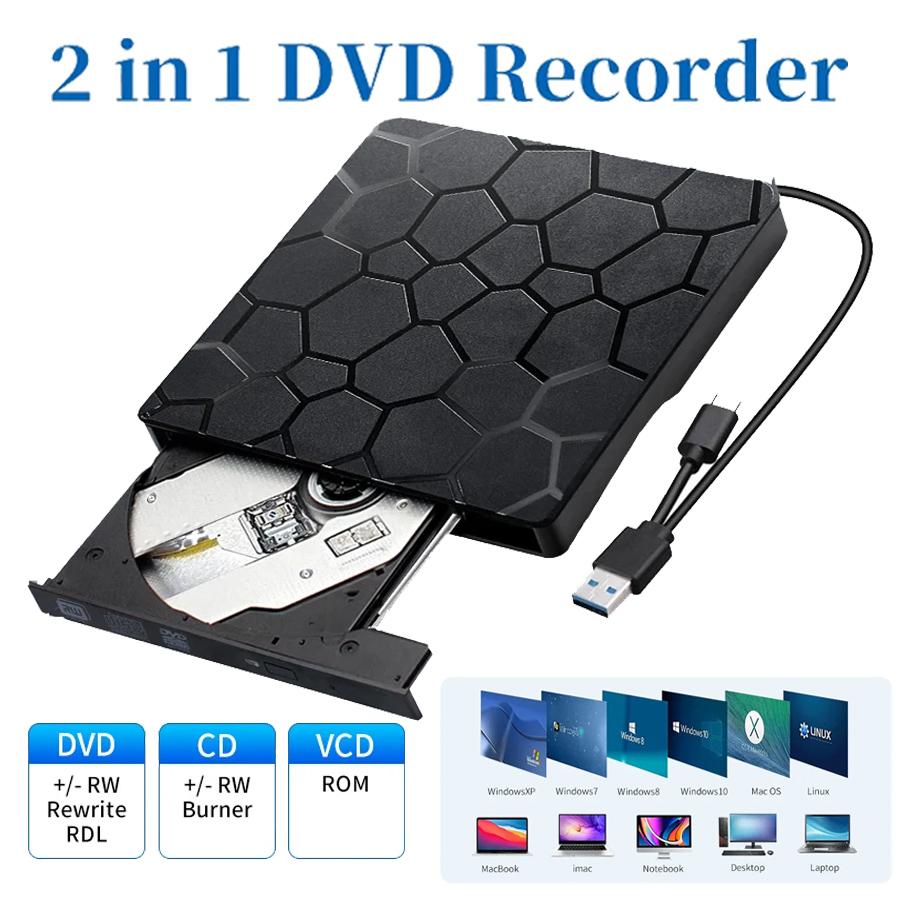2 In 1 USB 3.0 Type C Slim External DVD RW CD Players Writer Reader Optical Drives PC Laptop Desktop Portable DVD Burner Drive