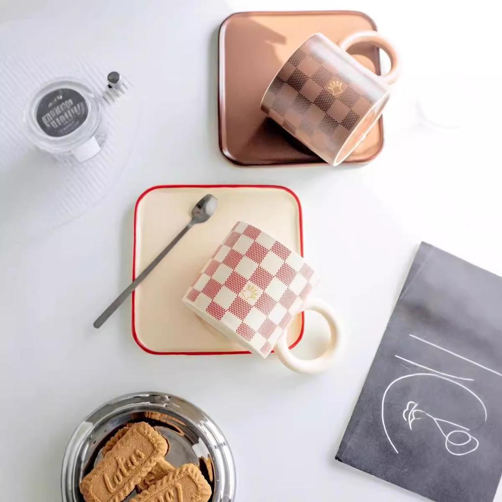 Nordic Ceramic Breakfast Cup Disk Set with Disk Ceramic Afternoon Tea Cup Checkerboard Ceramic Coffee Cup Disk Mug