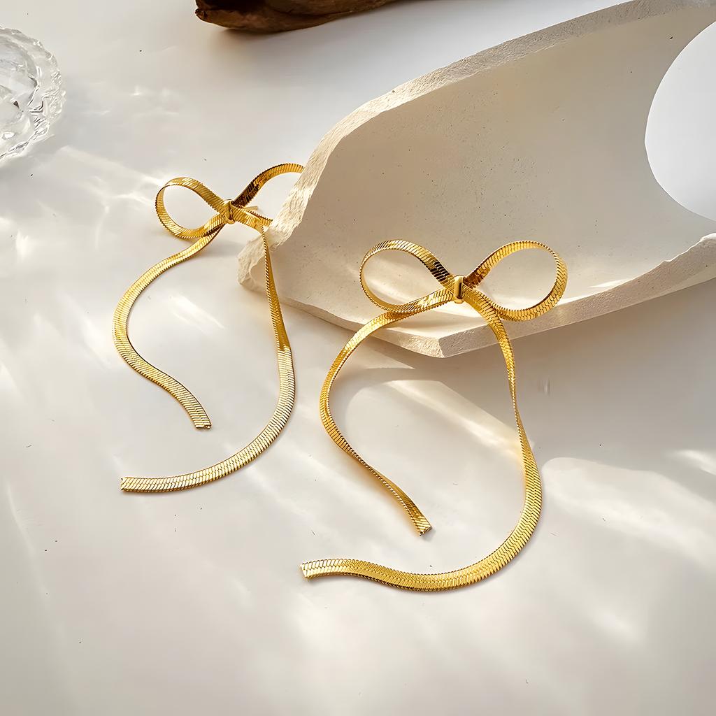 KKJOY Orecchini Pendenti Con Fiocco In Acciaio Inox - Gioielli A Nastro Con Catena Serpente Per Donna - Accessori Moda Trendy - 3