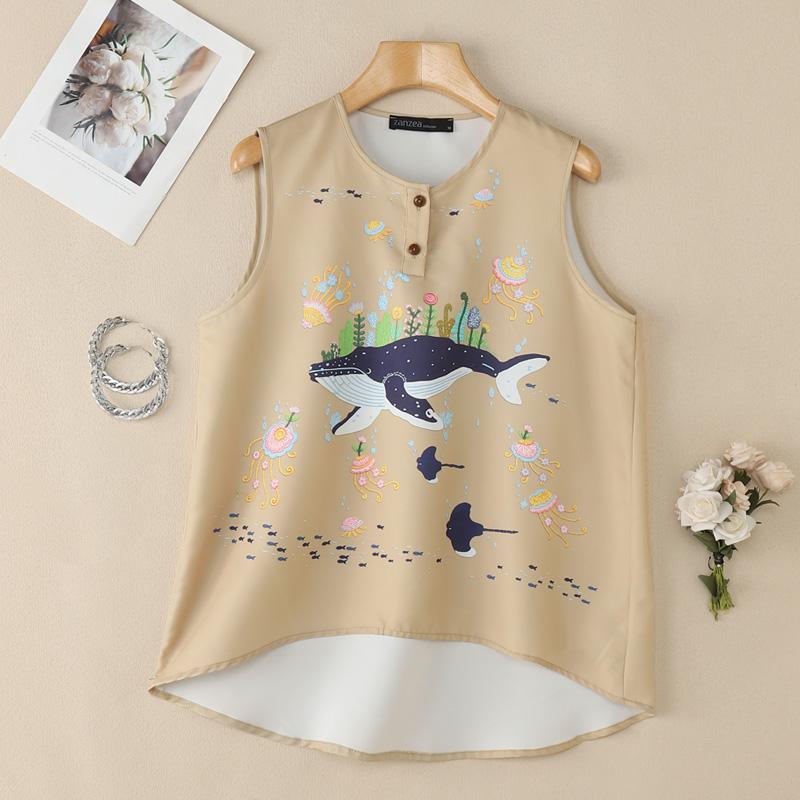 

ZANZEA Женские повседневные летние майки без рукавов с круглым вырезом и принтом 4XL хаки