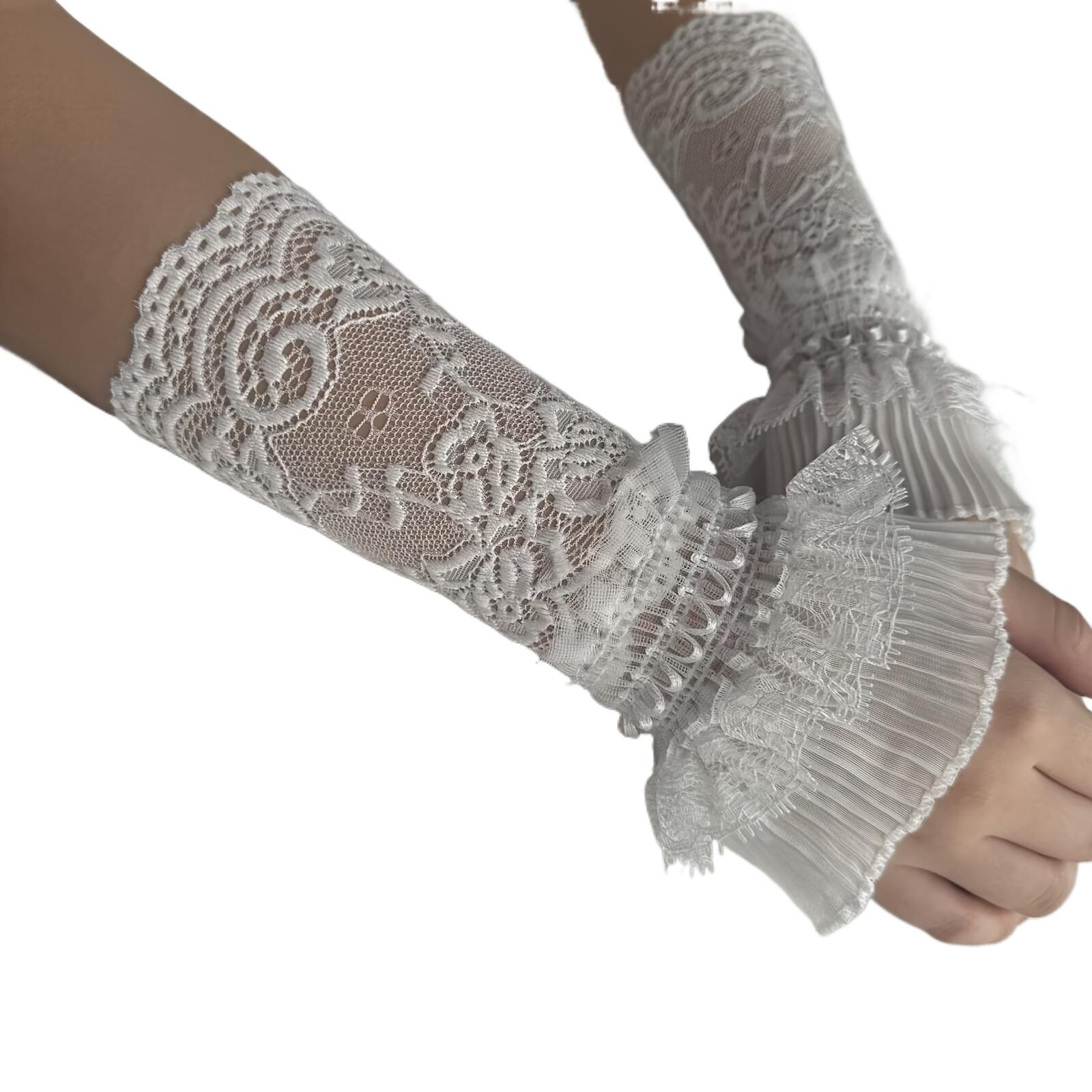 

Lace Hollow Wrist Covers Trumpet Floral Design Stretchy Knitted for Women Party Wedding Formal Events Elegant Arm Accessories белый