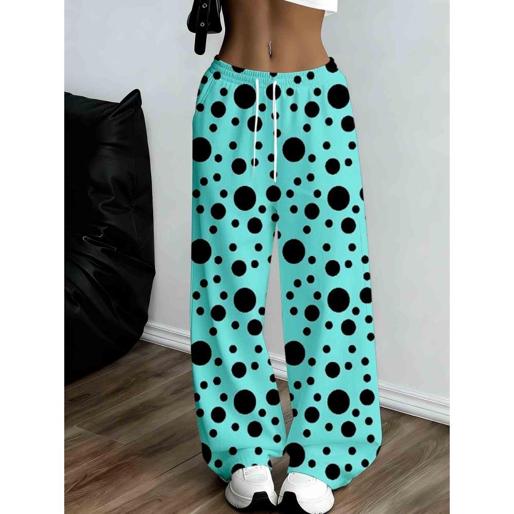 Women's Turquoise Polka Dot Wide Leg Sweatpants - Loose Version Drawstring Waist and Elastic Pants