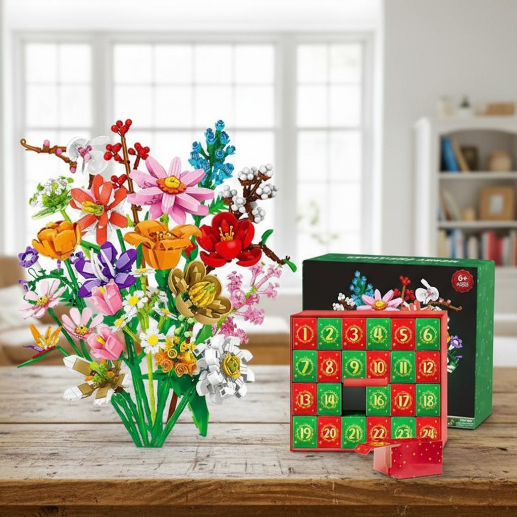 2025 Christmas Arrival Calendar Flower Building Block 24-day Christmas Countdown Diy Flower Bouquet Decor Holiday New Year Gifts