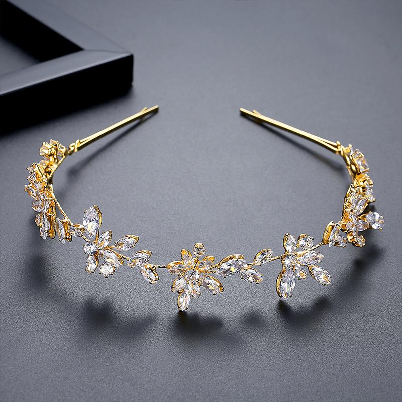 LUOTEEMI Luxury Gold Cz Flower Bridal Wedding Headband Girls Hair Jewelry Accessories Hand Made Zircon Tiares