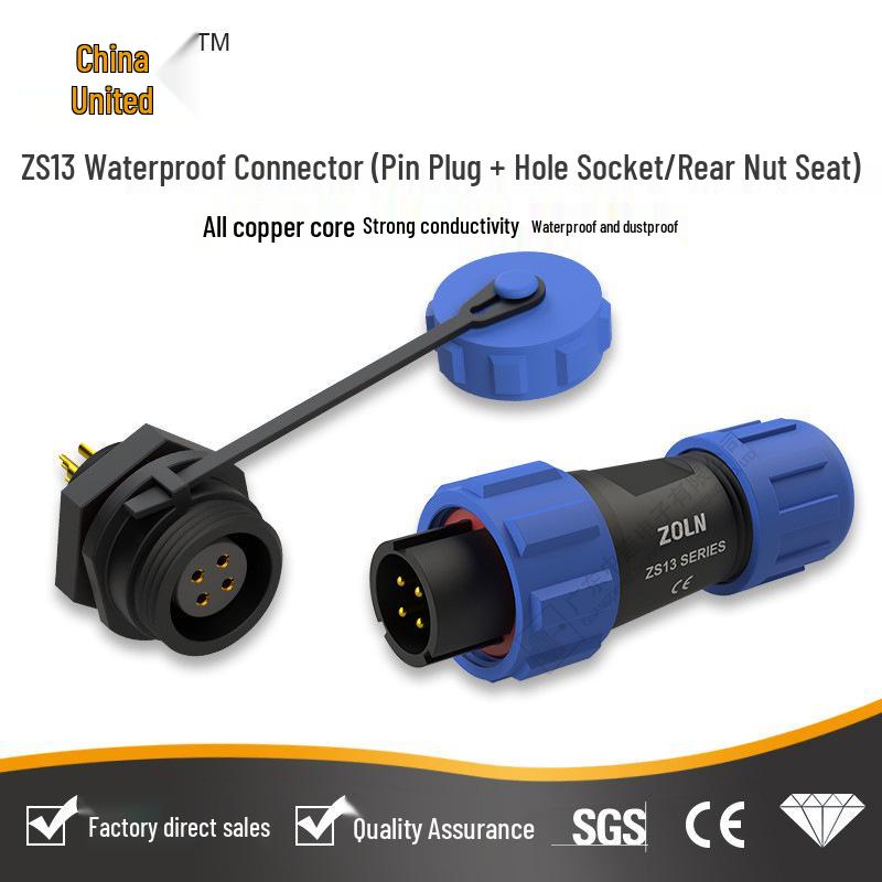 Zhonglian ZS13 Waterproof Aviation Plug & Socket Set, Male Plug + Female Socket, Rear Nut/Flange Type