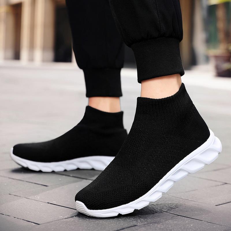 Large size high-top socks shoes men's autumn fly-woven sports shoes lazy shoes one-pedal elastic casual men's shoes
