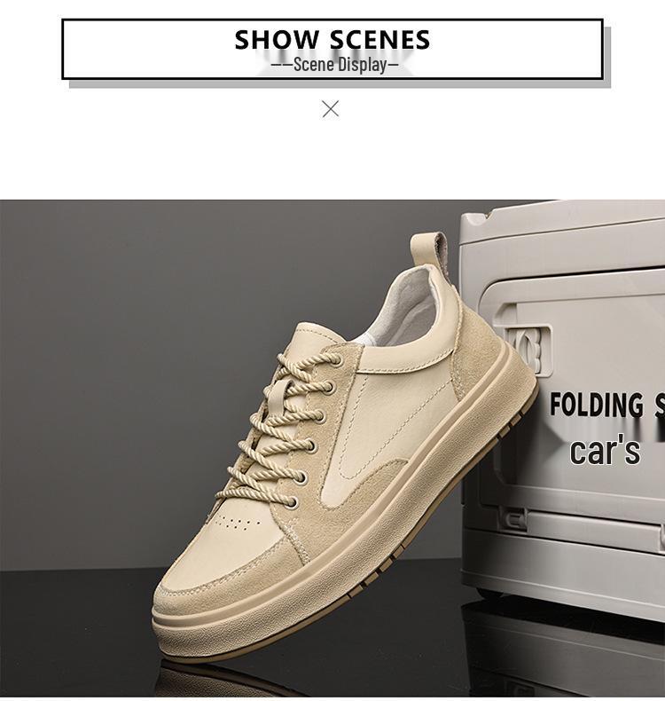 Men's Spring Low-Top Cowhide Sneakers - Fashionable, Large Size, Flat Bottom, White Sports Casual Shoes