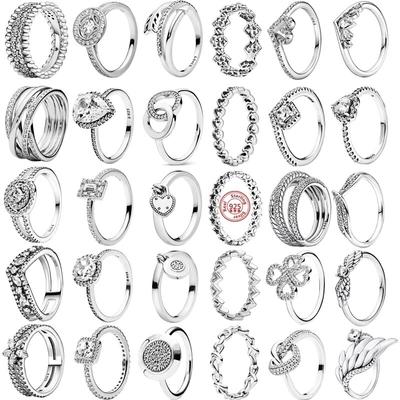 925 Sterling Silver Rings Feather Heart Pavé Sparkling CZ Round Lucky Rings for Women Charms Jewelry