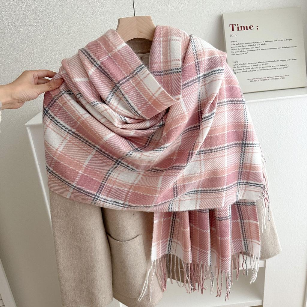Autumn and Winter Atmosphere Pink Dotted Line Plaid Scarf Versatile Couple Milk Huhu Fringed Scarf Female Students Keep Warm