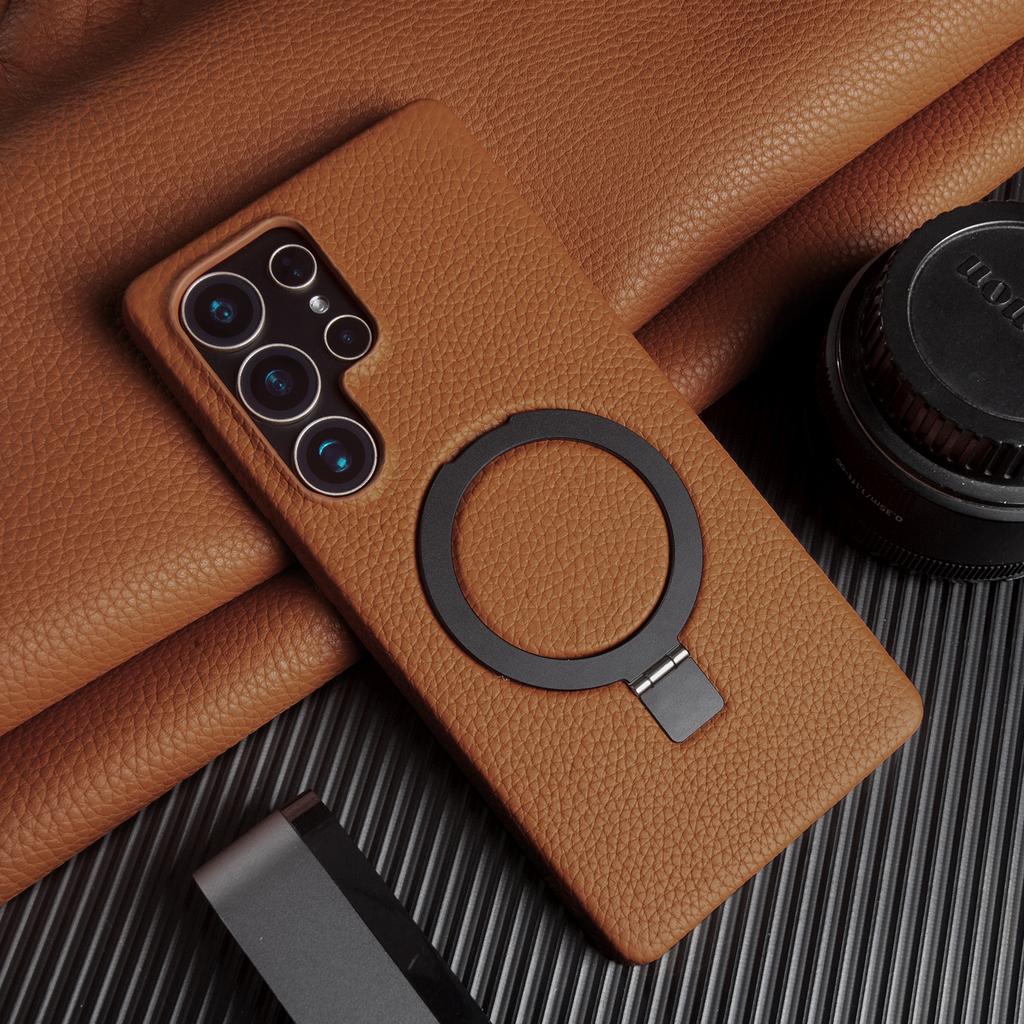 Foldable Bracket Lychee Genuine Leather Case For Samsung Galaxy S26 Ultra S25 FE S24 S23 S22 S21 Plus Back Cover Phone Case Capa