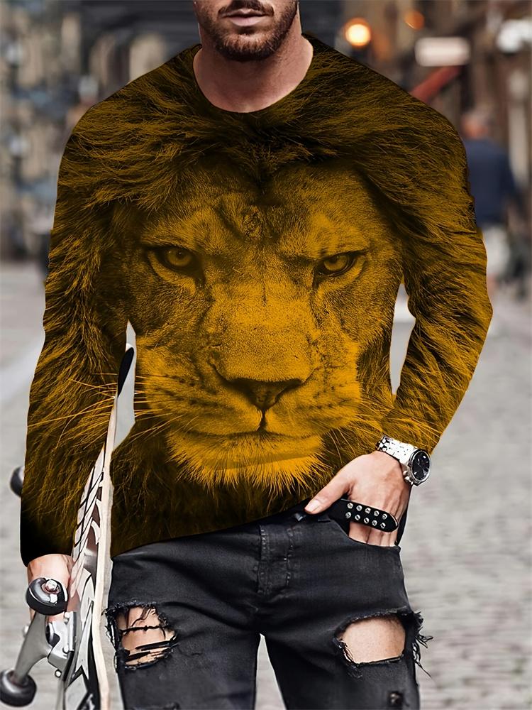 Men Black & White Lion Print Long Sleeve T‑Shirt Spring & Autumn Daily Casual Streetwear Top
