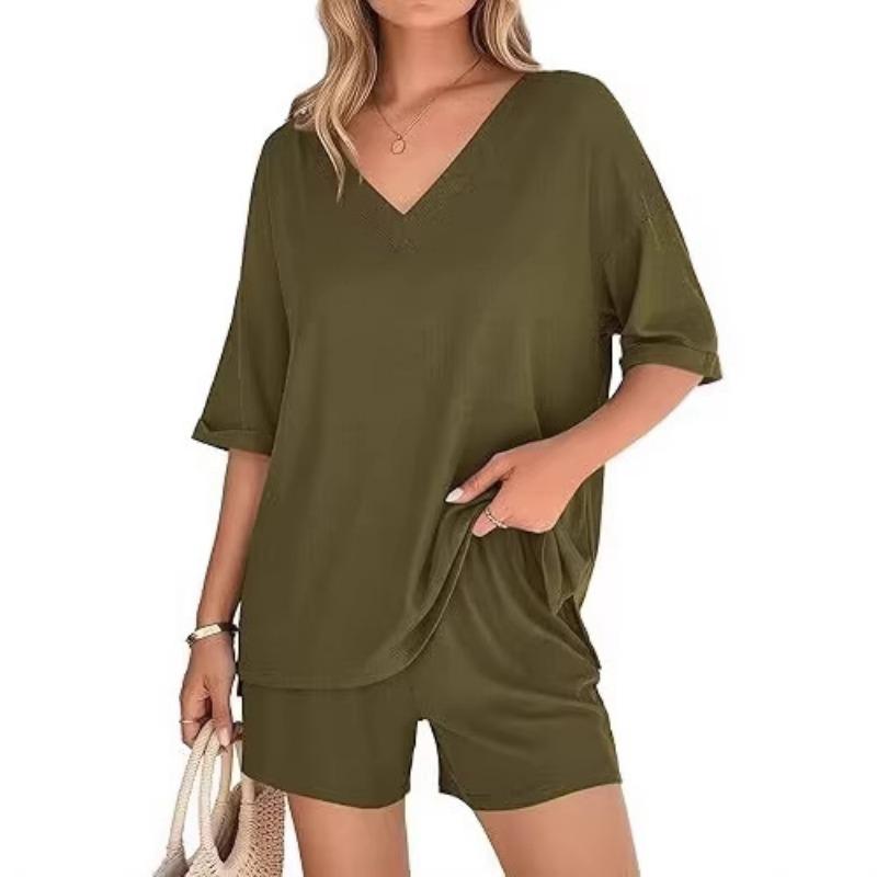 Women S V Neck Short Sleeve Top And Shorts Casual Set