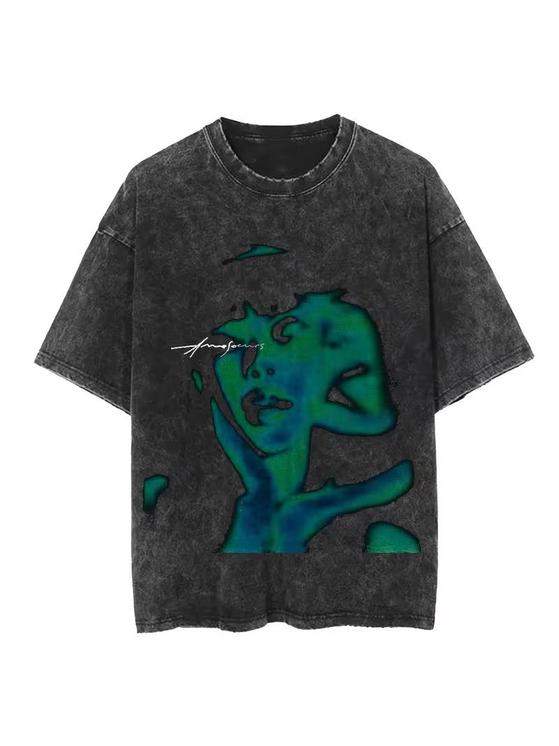 Black Retro Wide Edition Trendy Brand Washed Vintage Design Cat Printed Tshirt S