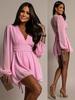 European and American Style Bubble Sleeves High Waist V Neck Long Sleeve Dress, Deep V Design Small Dew Sexy, Temperament Short Skirt