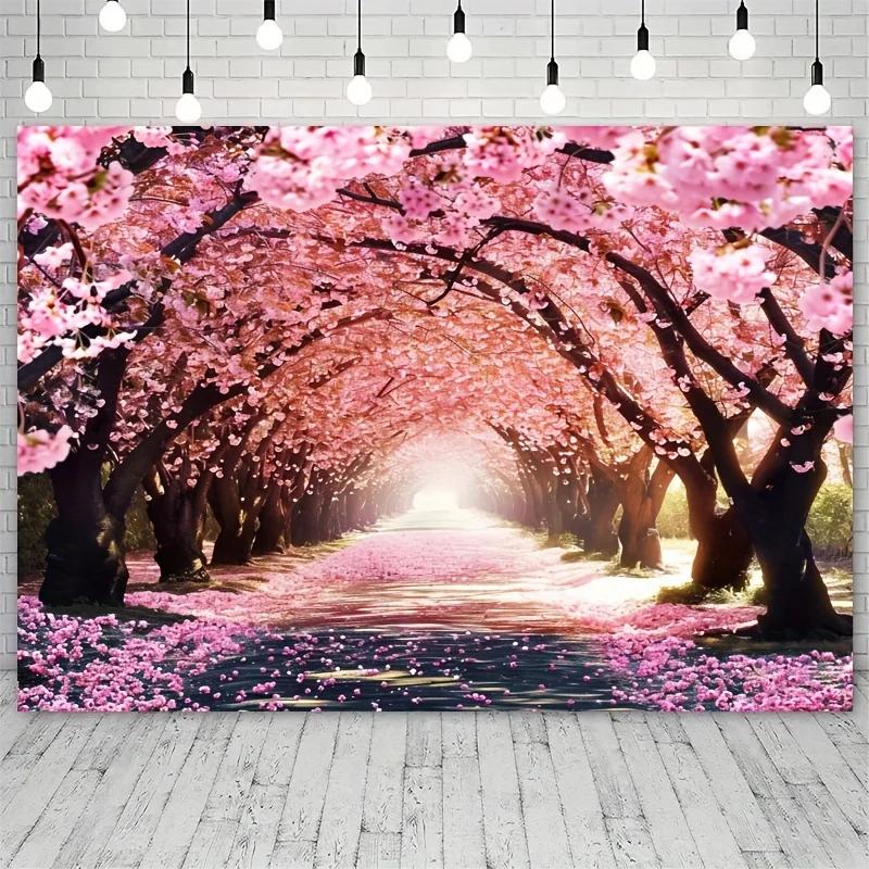 A vibrant cherry blossom photography background - a charming pink flower avenue scene, made of durable polyester