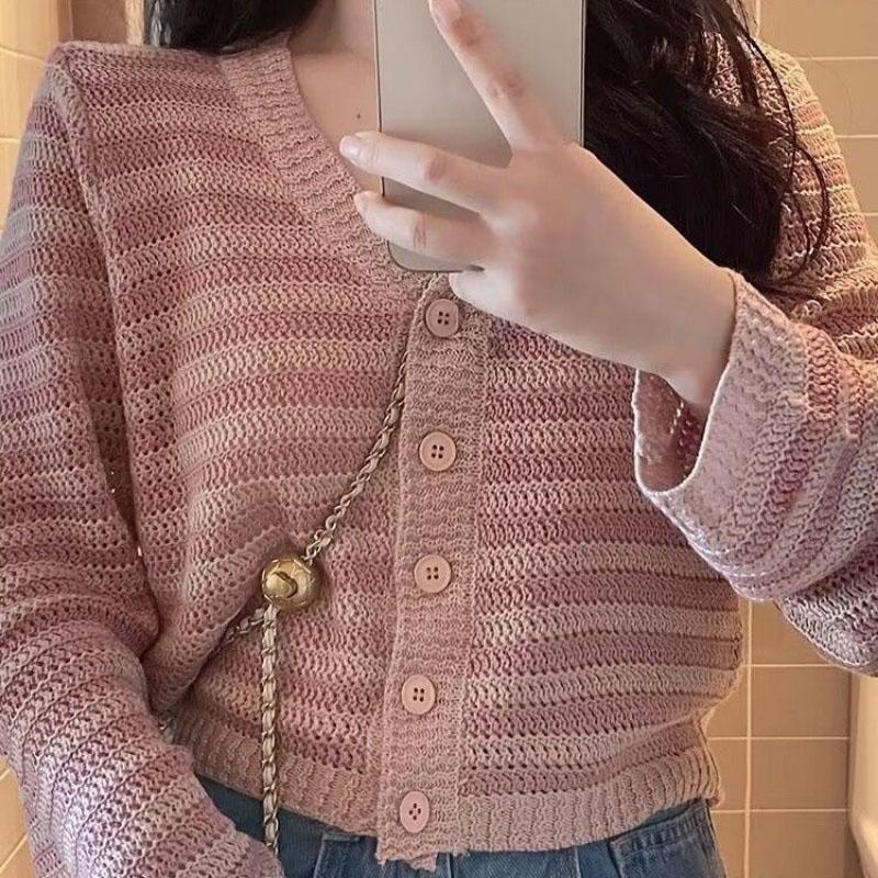 Spring Pink V-Neck Striped Knitted Cardigan Women Spring and Autumn Design Sense Gentle Sweater Coat Short Sweater Female Top