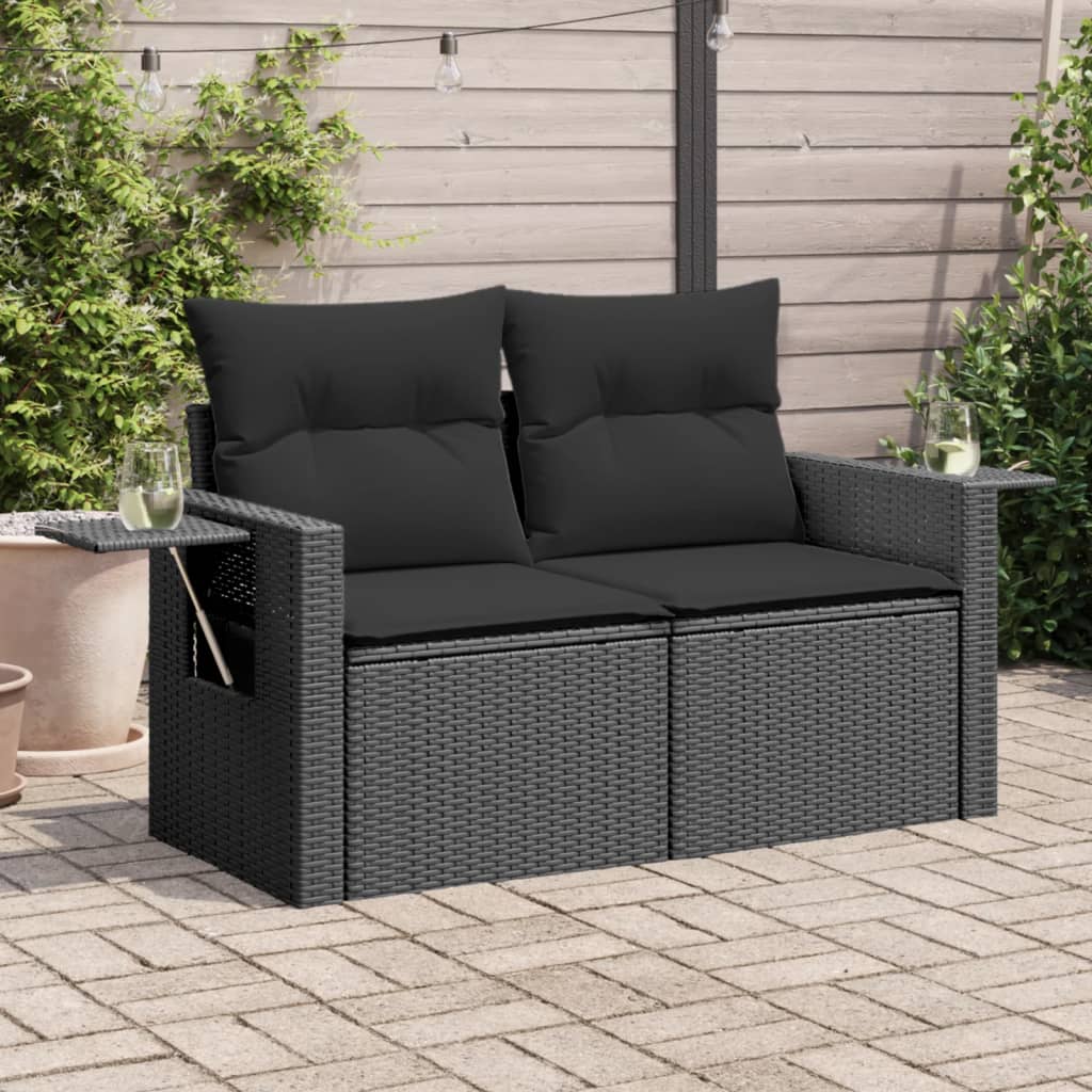 Vidaxl Gartensofa mit Kissen, 2-Sitzer, Schwarz, Polyrattan